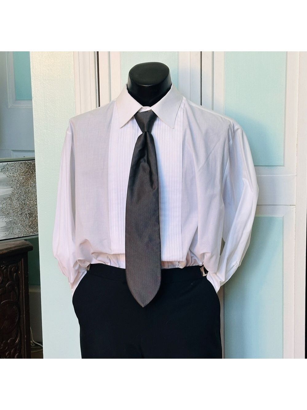 Asphalt Dark Gray Charcoal Tie Wedding Prom Tuxedo Herringbone Pre Tied clipped